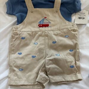 Little Me Nautical Tan and Blue Overalls